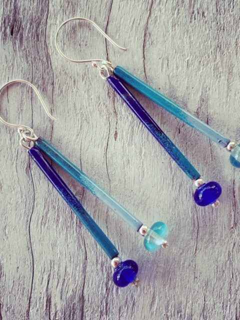 Enamel copper tube long earring with recycled glass beads