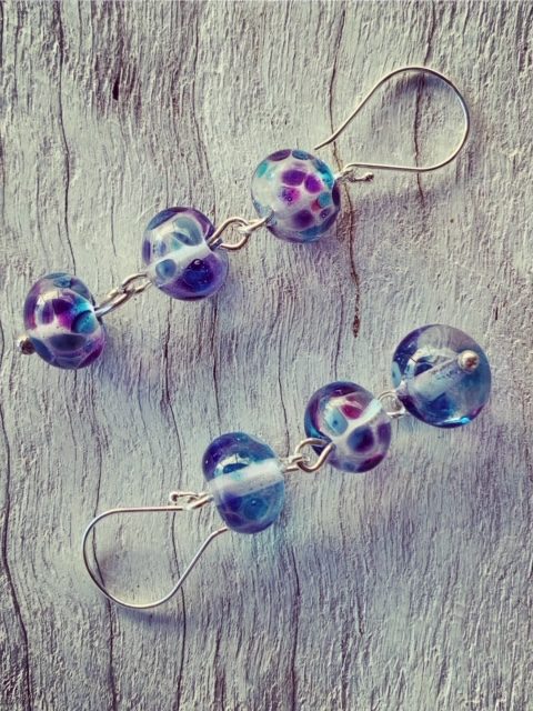 Dark blue purple glass earrings made from a wine bottle