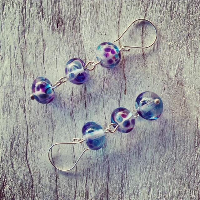 Dark blue purple glass earrings made from a wine bottle