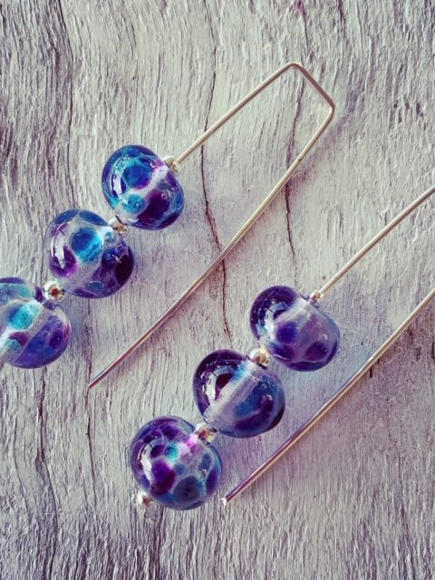 Long dark blue glass earrings made from a wine bottle