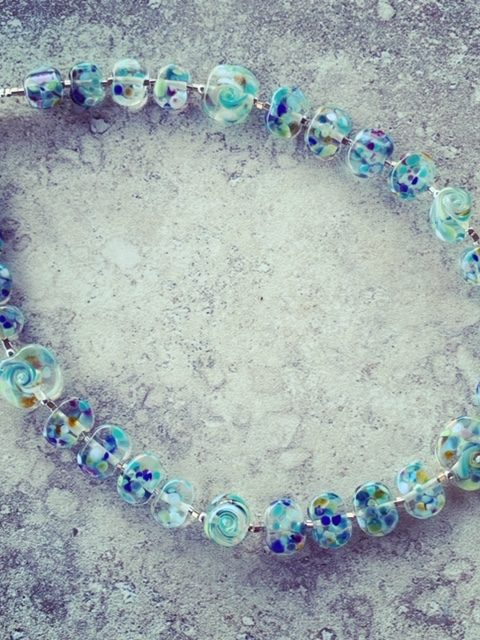 Recycled glass bead necklace, beads made from a wine bottle