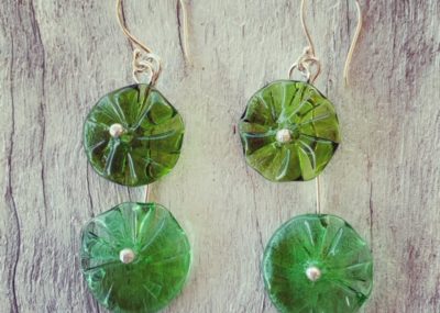 recycled glass flower earrings made from champagne and gin bottles