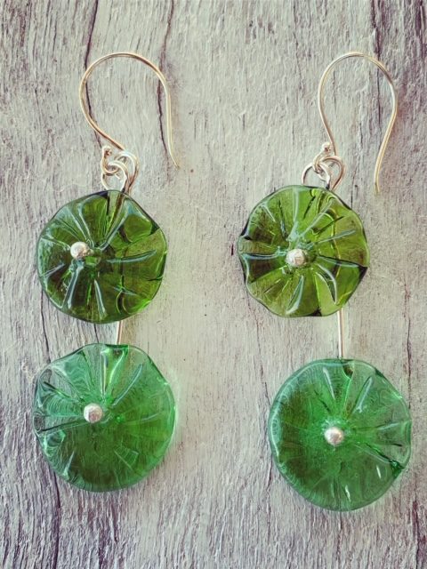 recycled glass flower earrings made from champagne and gin bottles