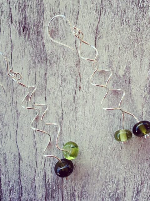 Green recycled glass spiral earrings