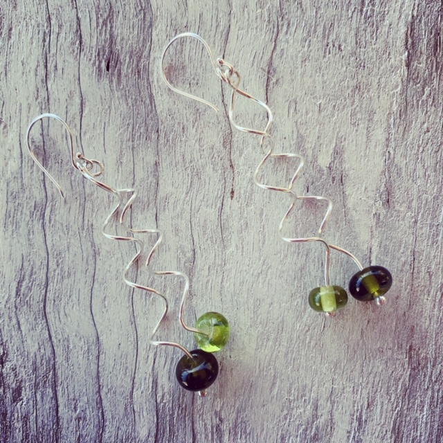 Green recycled glass spiral earrings