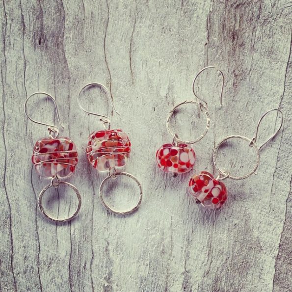 Recycled glass bead earrings, beads made from a wine bottle