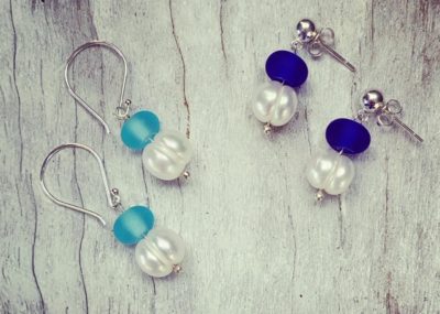Blue Recycled glass and Pearl Earrings