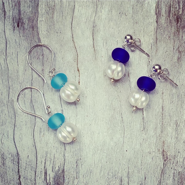 Blue Recycled glass and Pearl Earrings