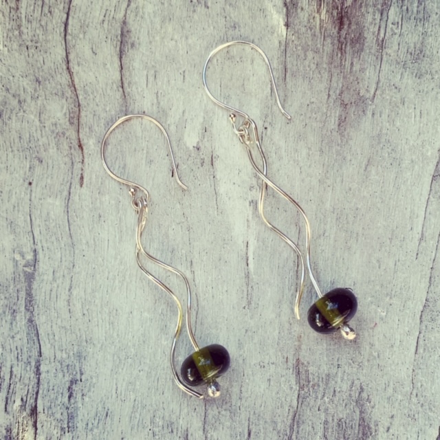 Recycled glass earrings, beads made from a Bethany Wine bottle