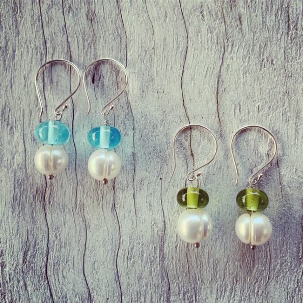 Pearl and Recycled Glass Bead Earrings