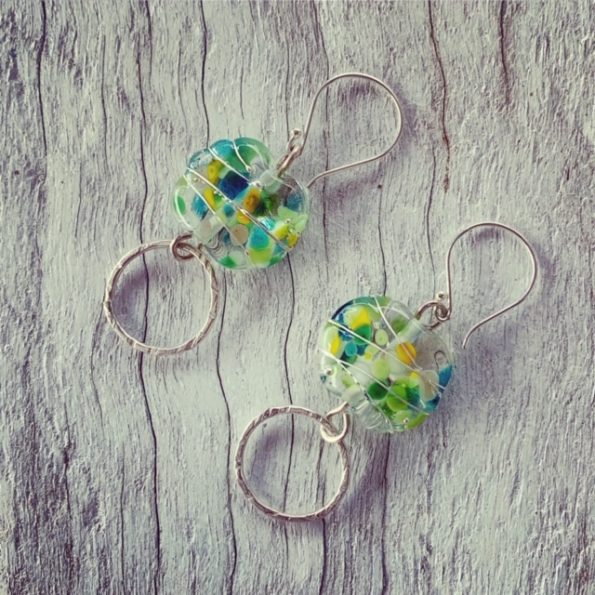 Green Recycled glass earrings made from a wine bottle