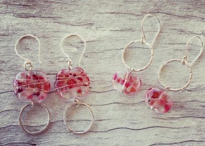 Hot pink recycled glass bead earrings, made from a wine bottle
