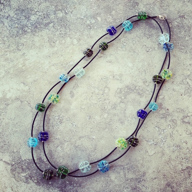 Blue and Green recycled glass long necklace