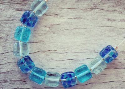 Blue recycled glass bead necklace made from wine and gin bottles