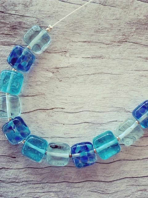Blue recycled glass bead necklace made from wine and gin bottles