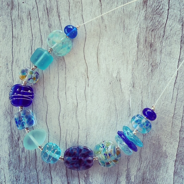 Mixed blue recycled glass bead necklace