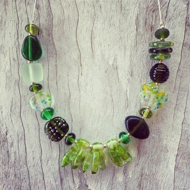 Mixed green recycled glass bead necklace