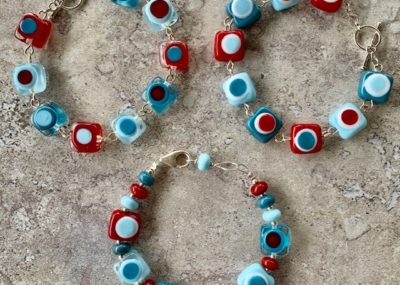 red and blue glass bead bracelets