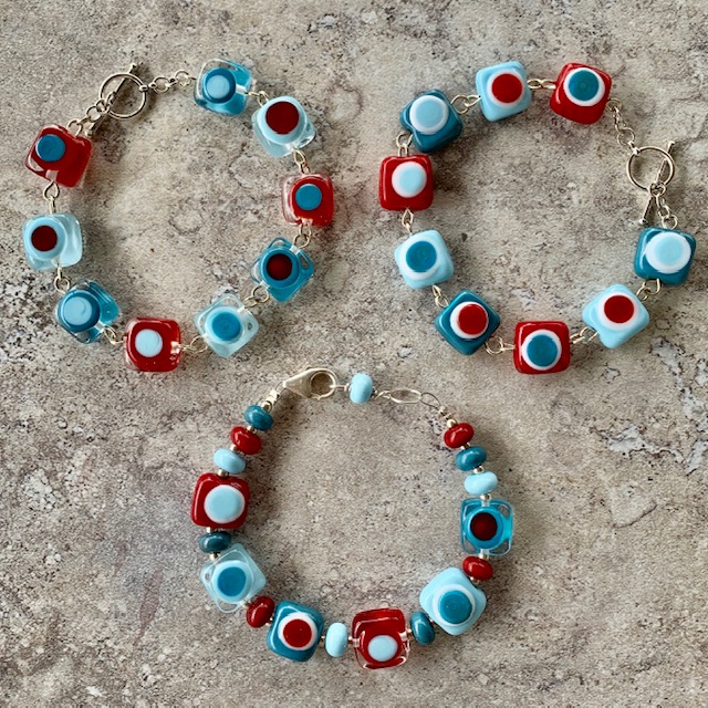 red and blue glass bead bracelets