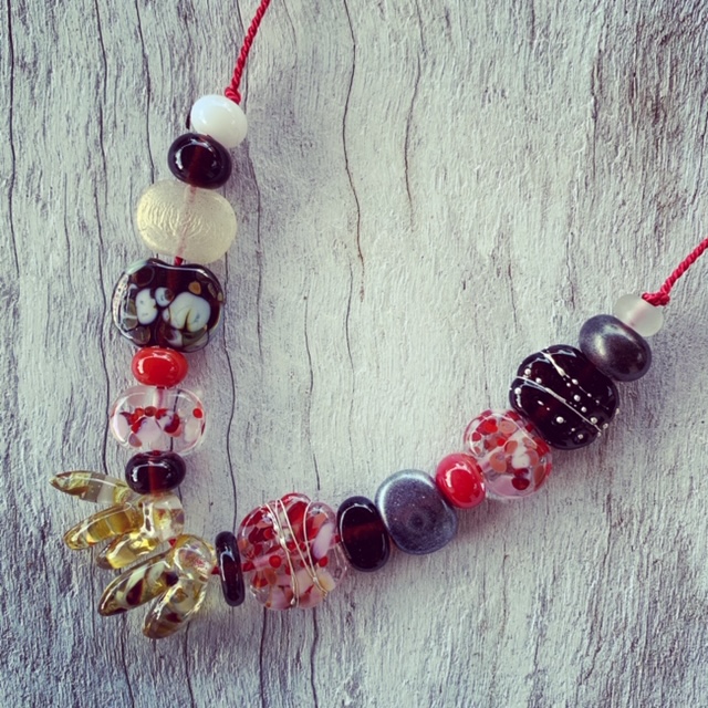 Red and brown recycled glass bead necklace