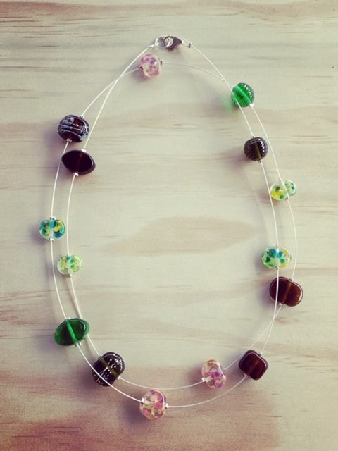 Pink, brown, green long recycled glass necklace