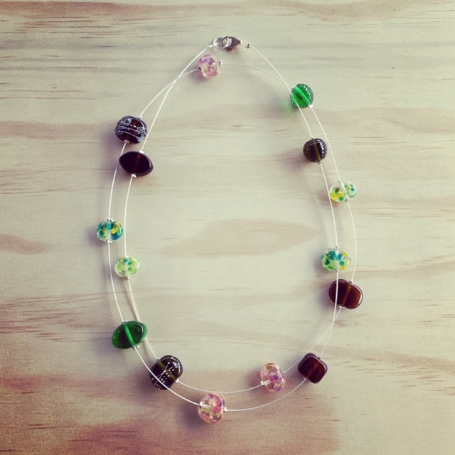 Pink, brown, green long recycled glass necklace