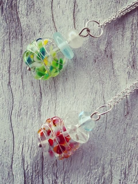 Recycled glass pendants, beads made from a wine bottle