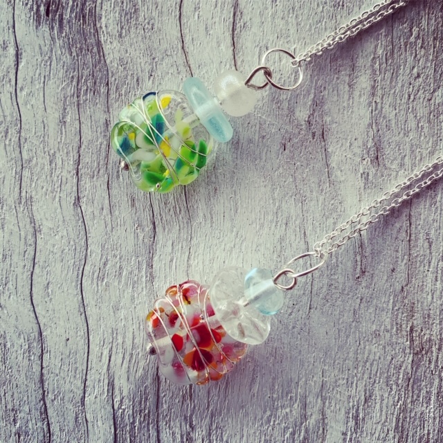 Recycled glass pendants, beads made from a wine bottle