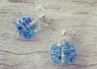 Blue stud recycled glass earrings - made from a Banrock Station wine bottle