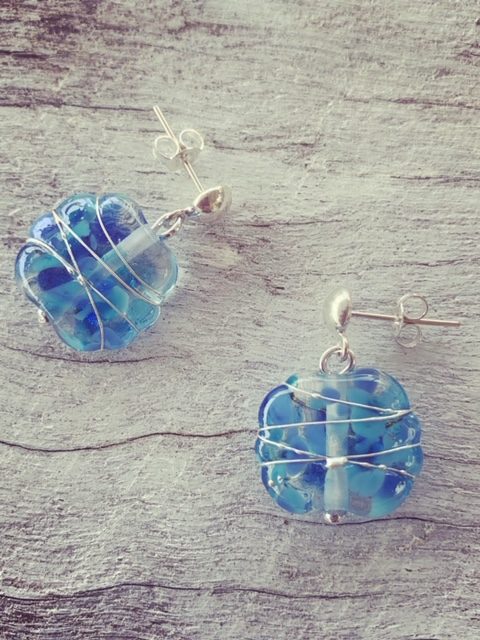 Blue stud recycled glass earrings - made from a Banrock Station wine bottle