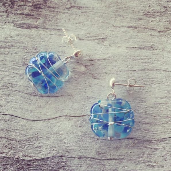 Blue stud recycled glass earrings - made from a Banrock Station wine bottle