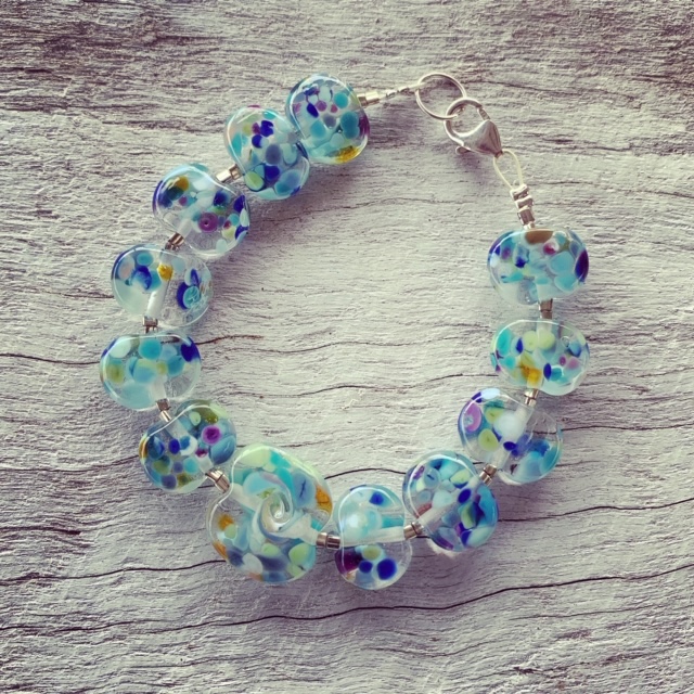 blue wave recycled glass bead bracelet