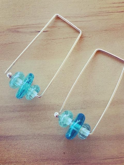 Long, rectangle Bombay Sapphire Gin recycled glass bead hoop earrings