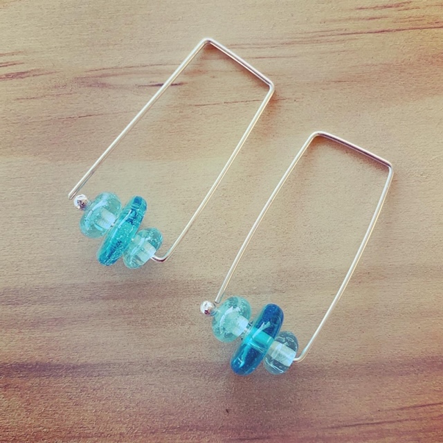 Long, rectangle Bombay Sapphire Gin recycled glass bead hoop earrings