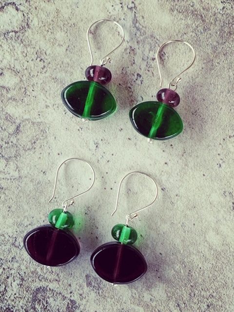 Green and Purple recycled glass earrings made from gin bottles