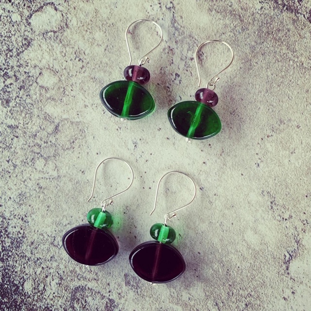 Green and Purple recycled glass earrings made from gin bottles