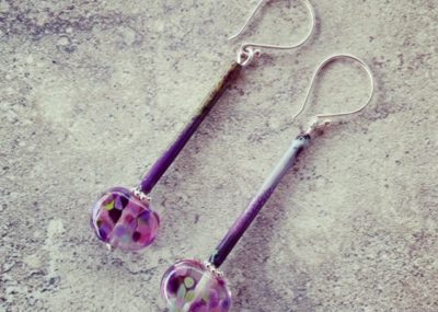 Long purple enamel copper tube earrings