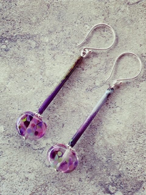 Long purple enamel copper tube earrings