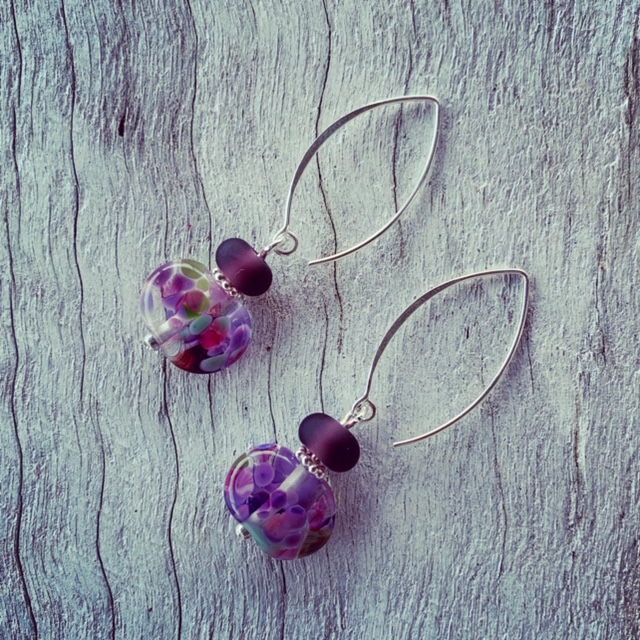 Stunning purple recycled glass earrings from gin and wine bottles