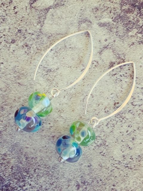 Blue and green recycled glass earrings from a wine bottle