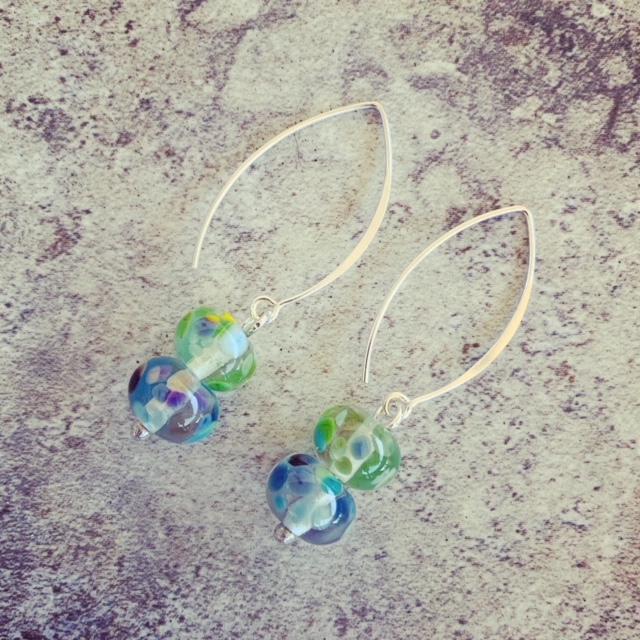 Blue and green recycled glass earrings from a wine bottle