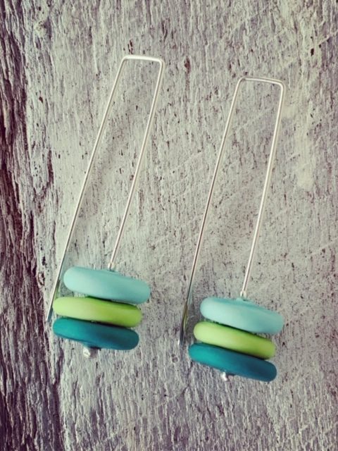 Blue and Green Etched Glass Earrings