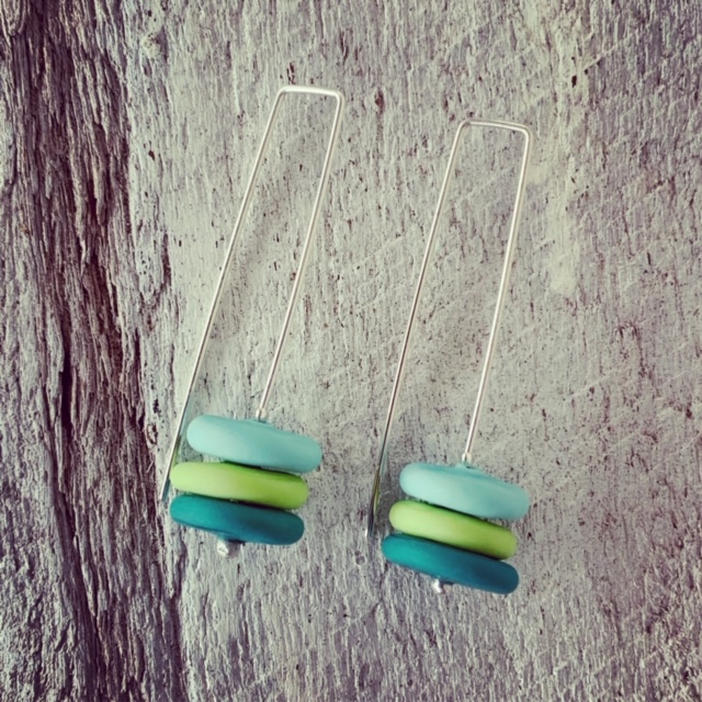 Blue and Green Etched Glass Earrings
