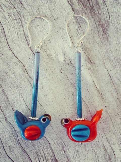 Blue and Orange bird earrings