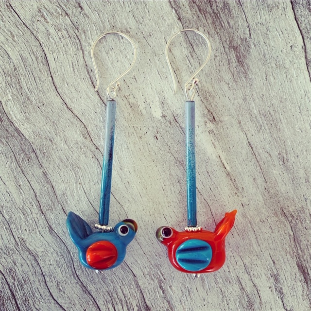 Blue and Orange bird earrings