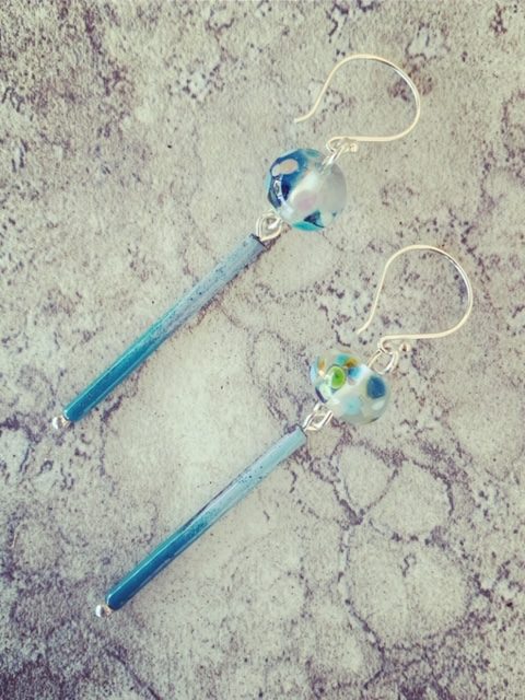 Blue Wine Bottle with Copper Enamel Tube earrings