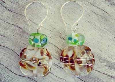 Brown and Green recycled glass bead earrings made from a wine bottle