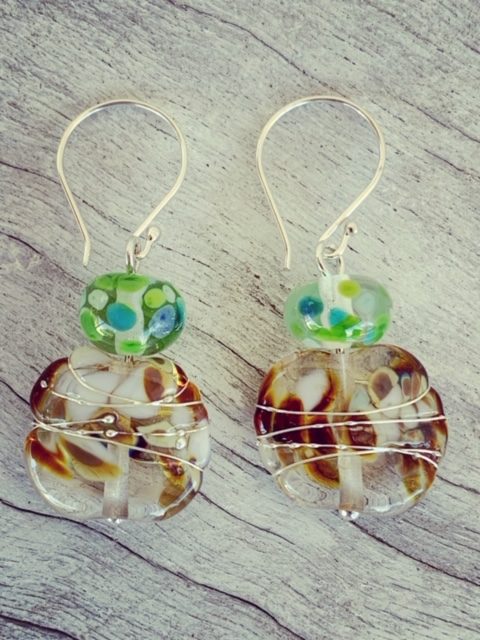 Brown and Green recycled glass bead earrings made from a wine bottle
