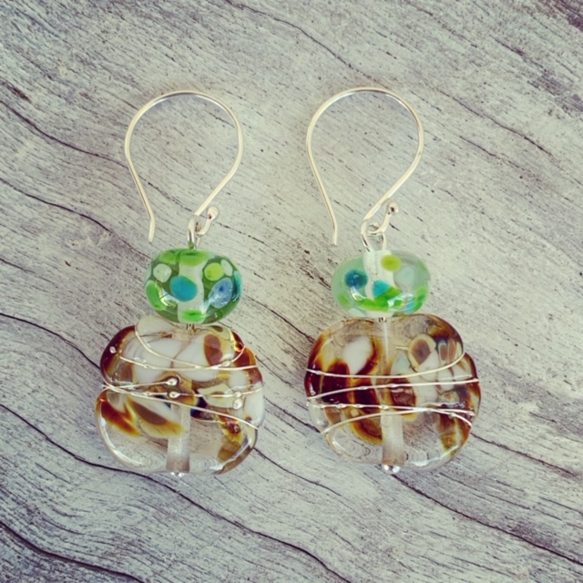 Brown and Green recycled glass bead earrings made from a wine bottle