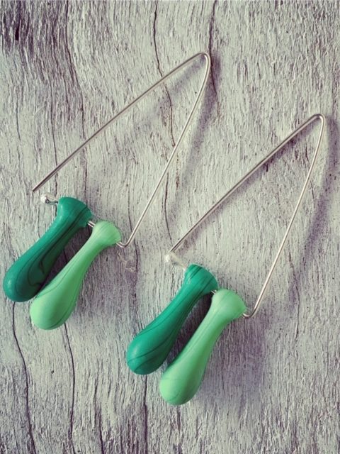 Long green triangle earrings